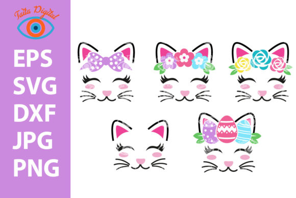 Cat Face with Flower, Eggs, Hair Bow Embroidery